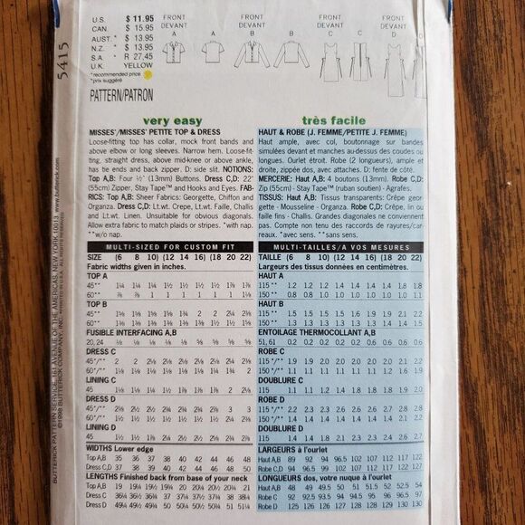 Vintage 90s Butterick Pattern 5415 Uncut Sleeveless Dress Collared Top 18 20 22 - Picture 2 of 2